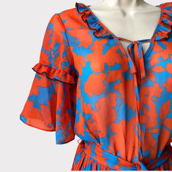 H&M Pleated Chiffon Floral Dress with Fringe Details, Size 2, Red/Blue - Picture 5 of 13